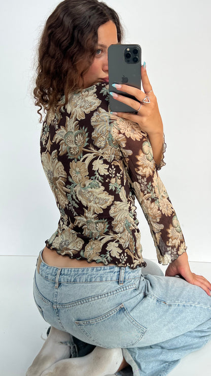 00s brown floral mesh top- size M