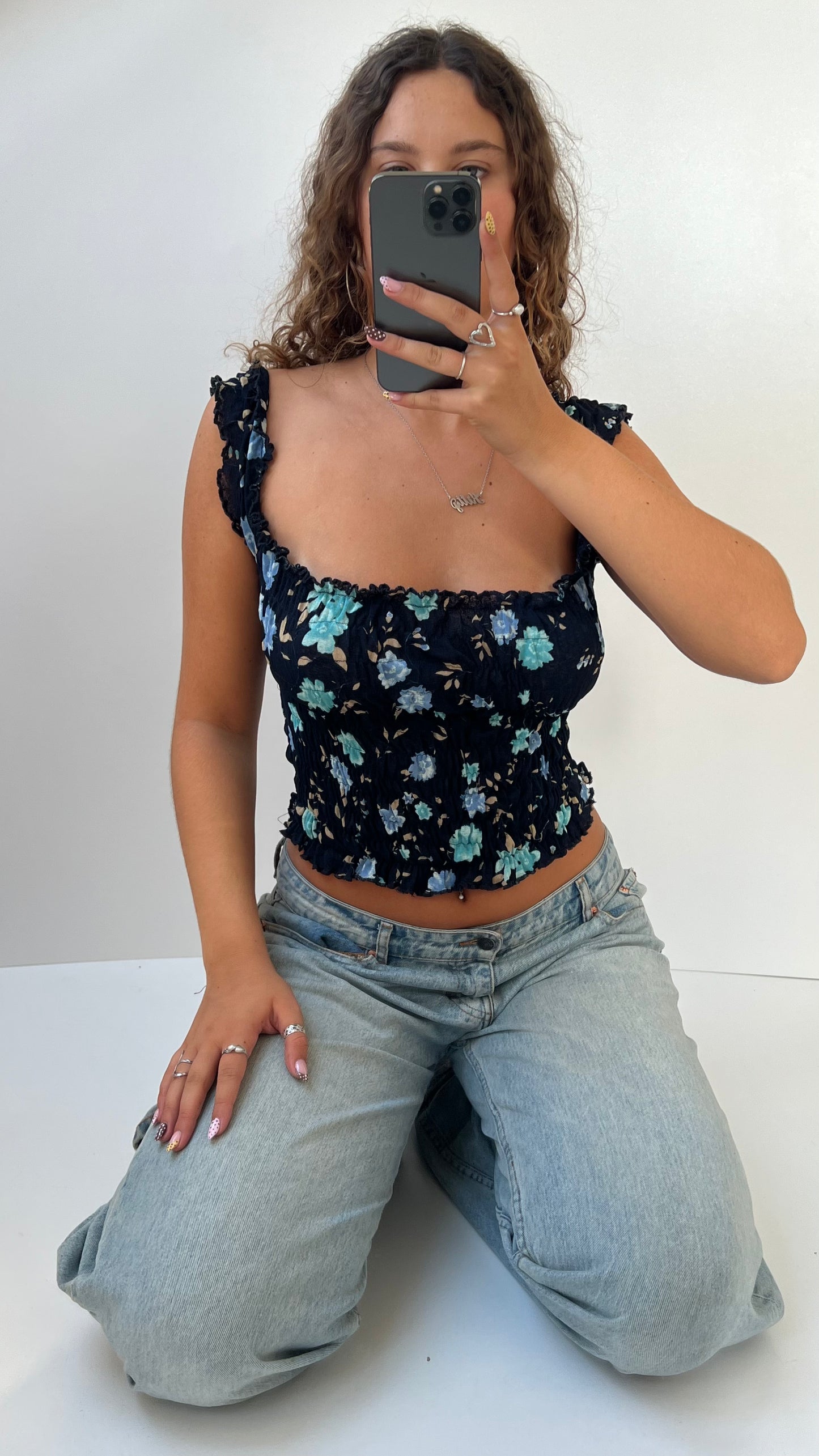 00s blue floral milkmaid top- size S