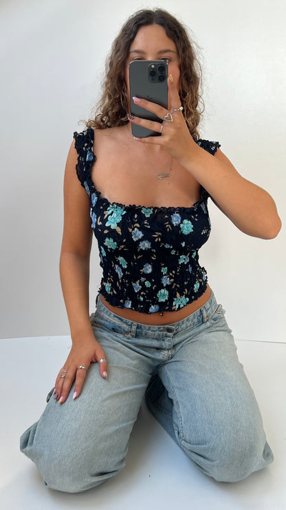 00s blue floral milkmaid top- size S