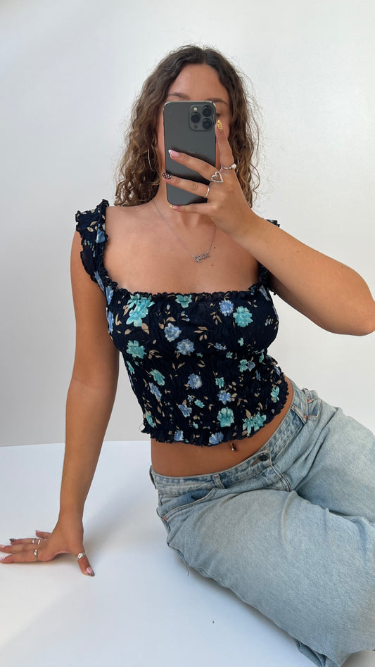 00s blue floral milkmaid top- size S