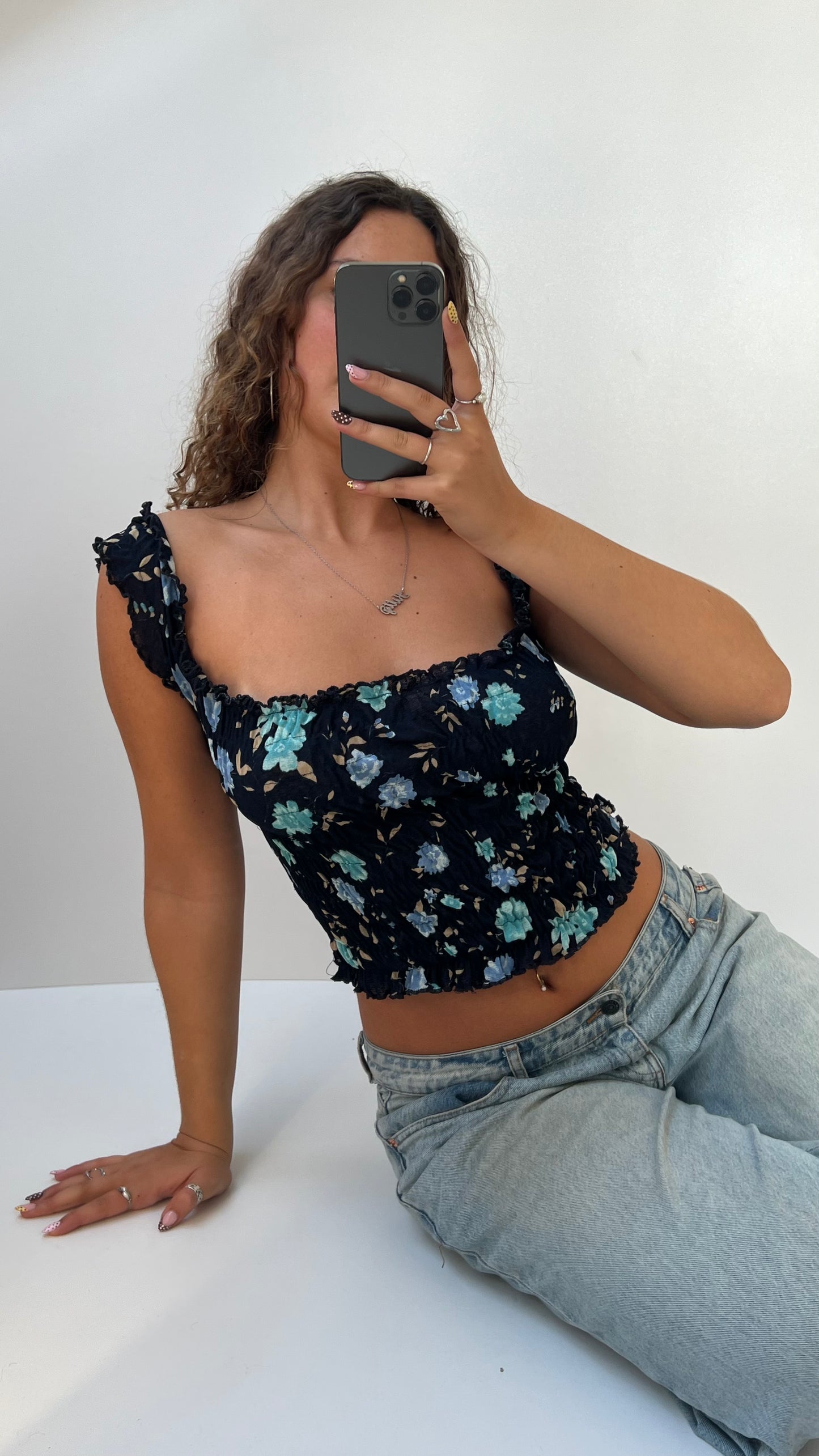 00s blue floral milkmaid top- size S