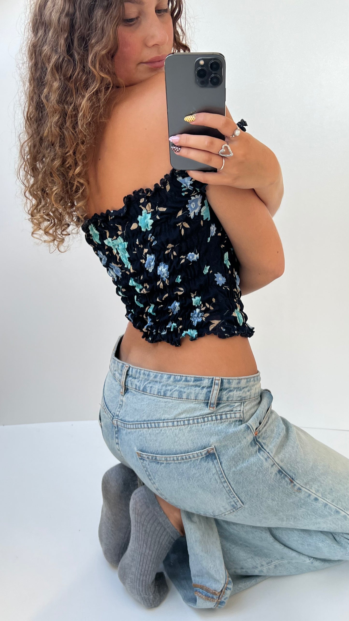 00s blue floral milkmaid top- size S
