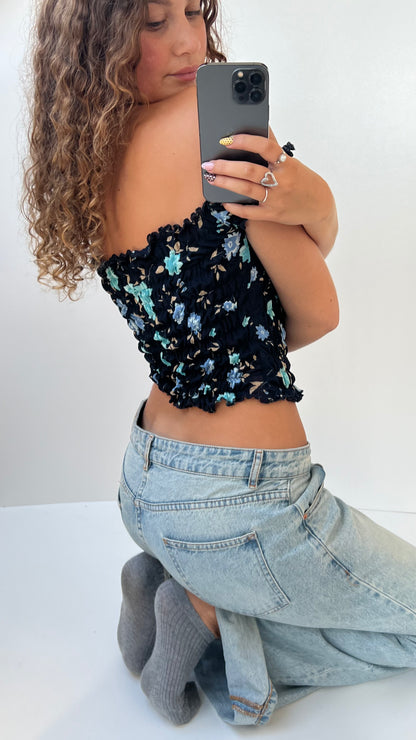00s blue floral milkmaid top- size S