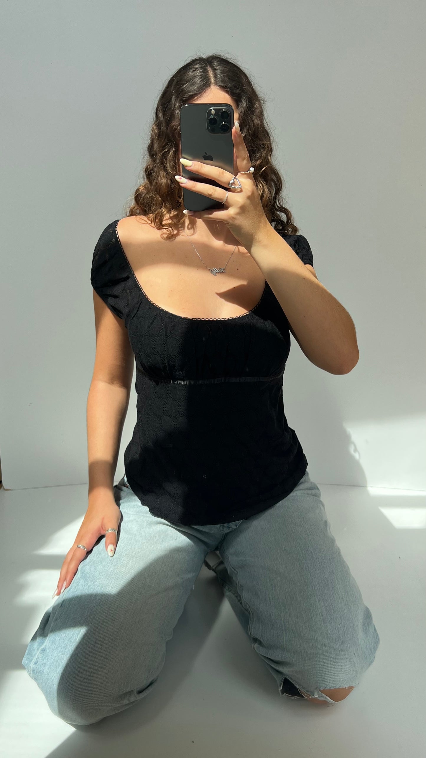 00s black lace babydoll top- size L