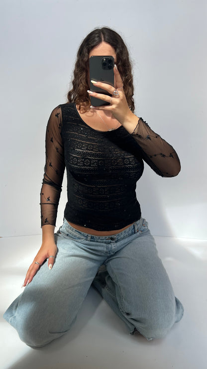 00s black sequin mesh top- size S