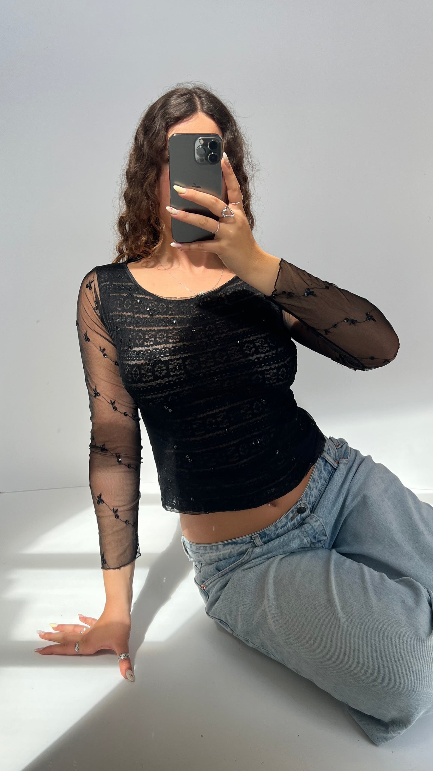 00s black sequin mesh top- size S
