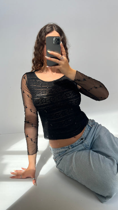 00s black sequin mesh top- size S