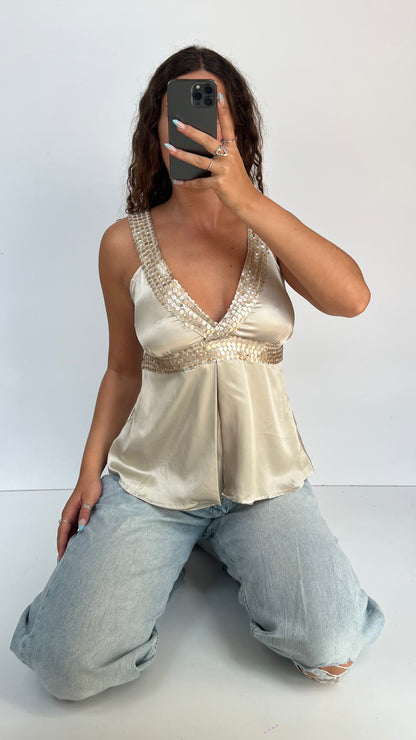 00s cream satin sequin cami- size L