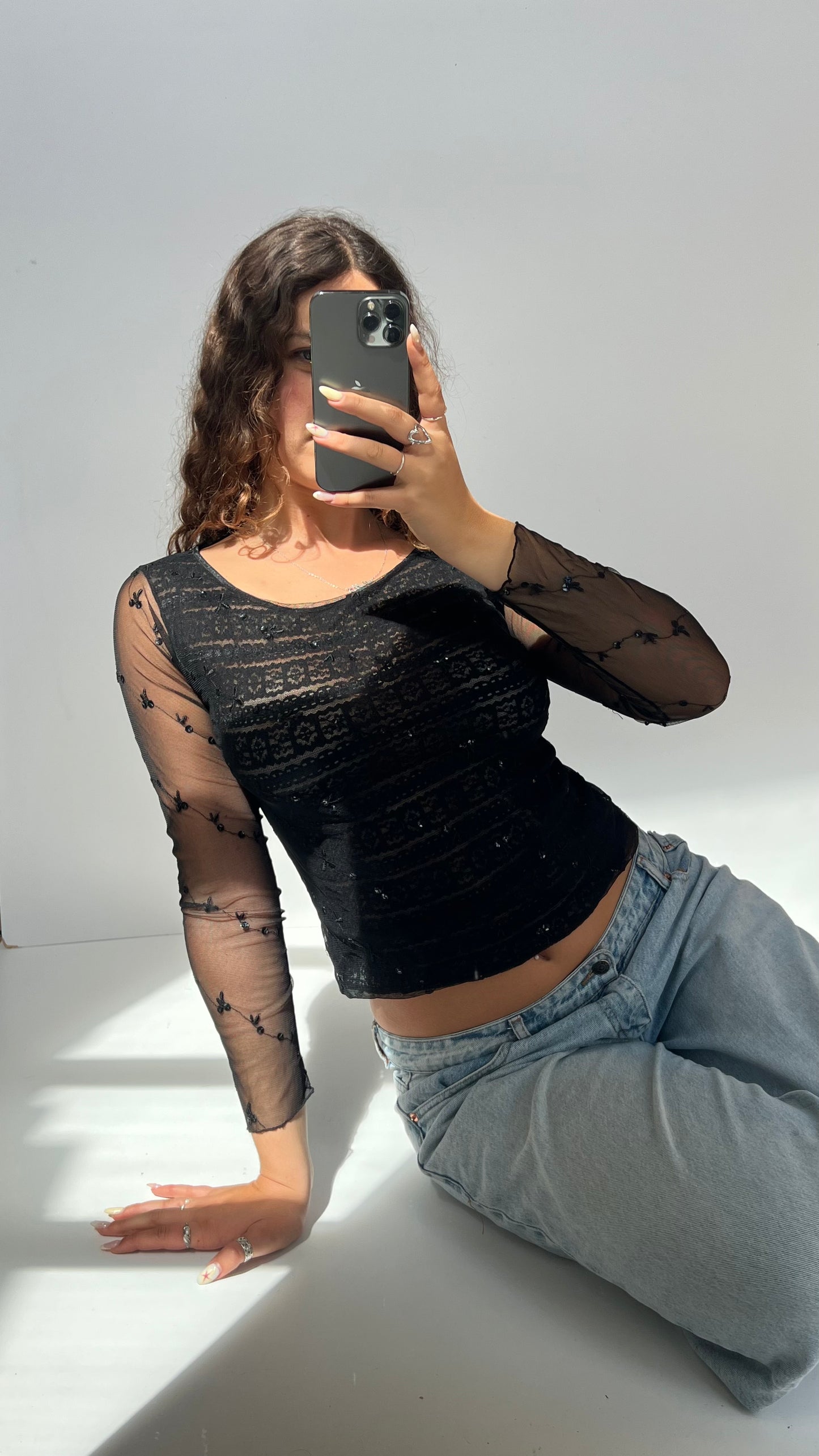 00s black sequin mesh top- size S