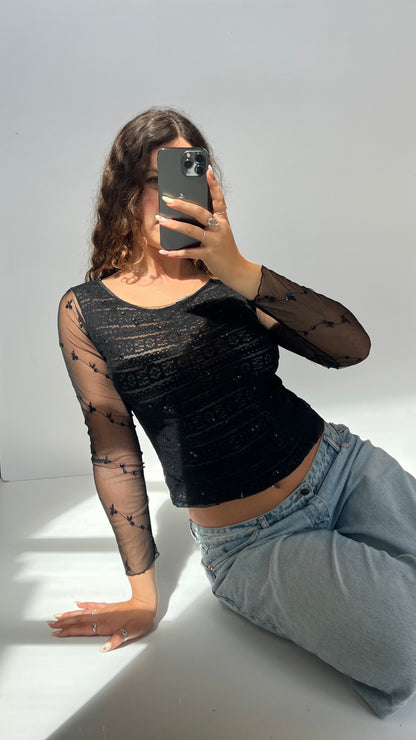 00s black sequin mesh top- size S