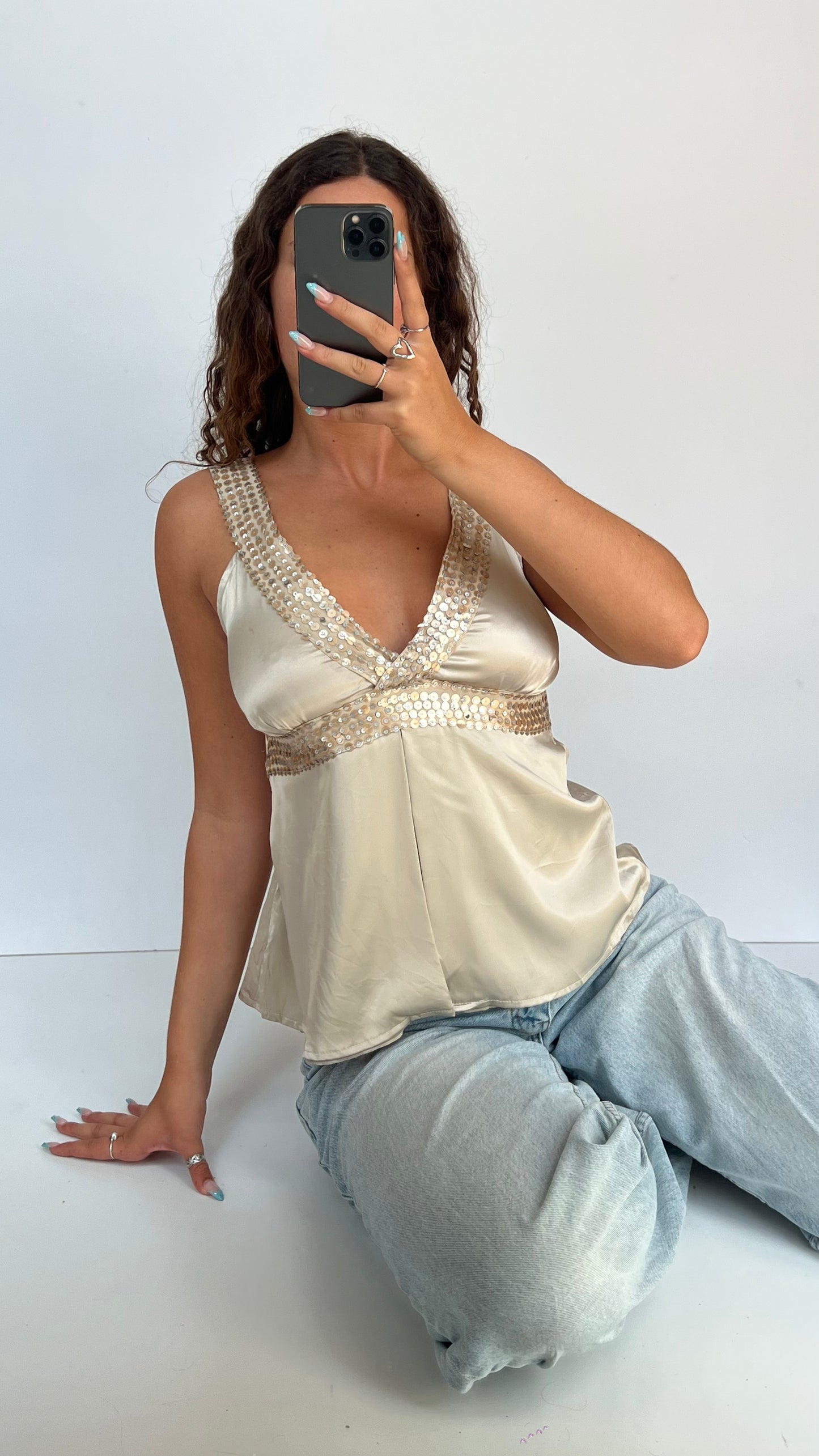 00s cream satin sequin cami- size L