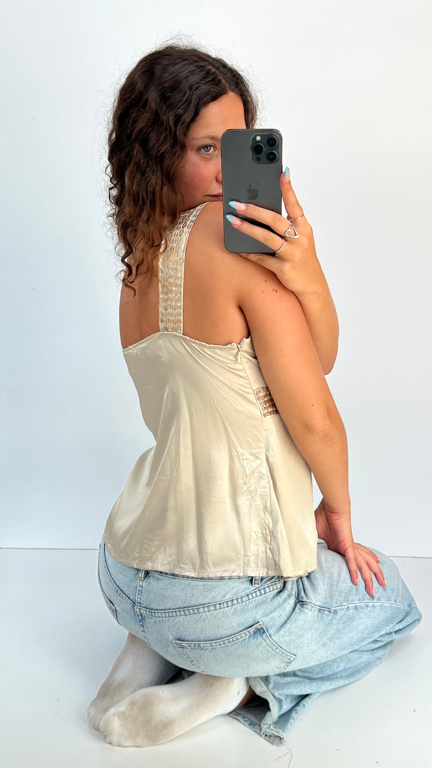 00s cream satin sequin cami- size L