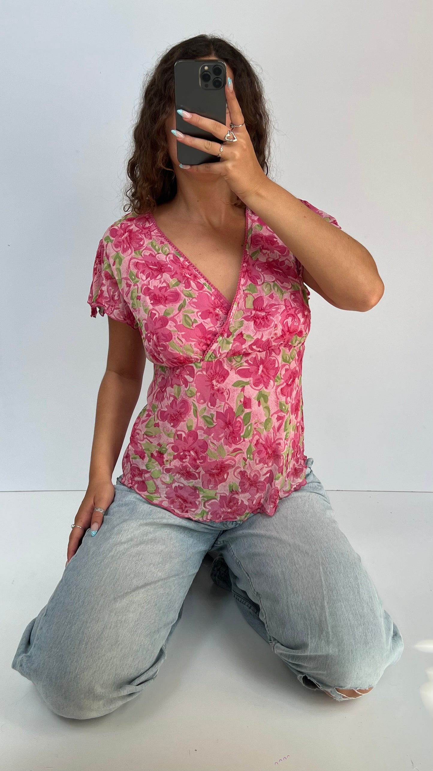 00s pink floral babydoll top- size L