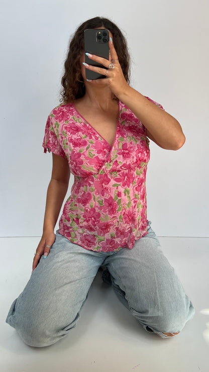 00s pink floral babydoll top- size L