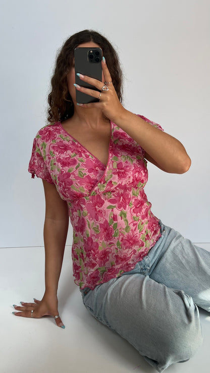 00s pink floral babydoll top- size L