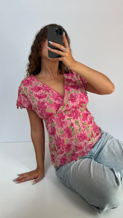 00s pink floral babydoll top- size L