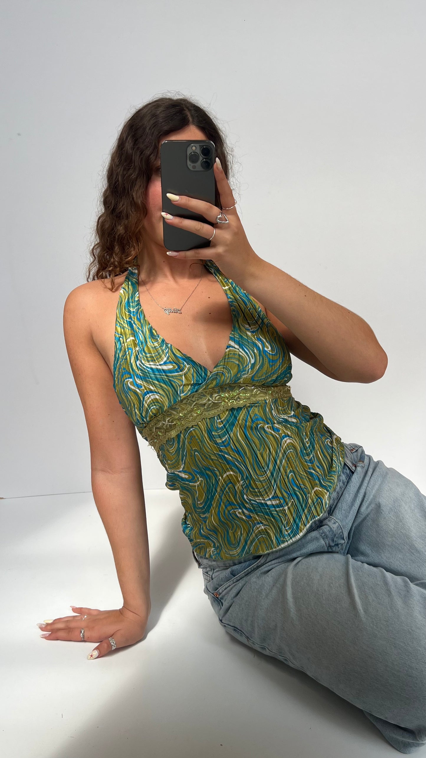 00s green lace halter cami- size S