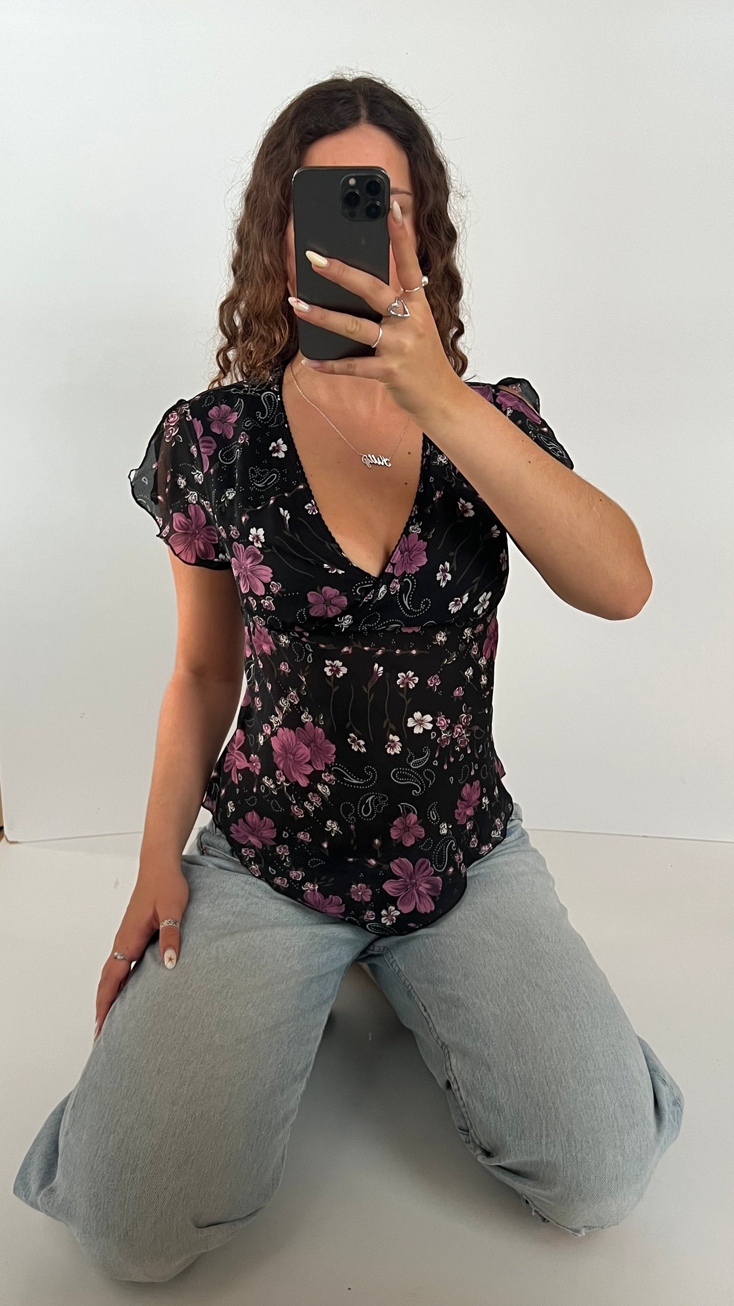 00s black floral babydoll top- size M