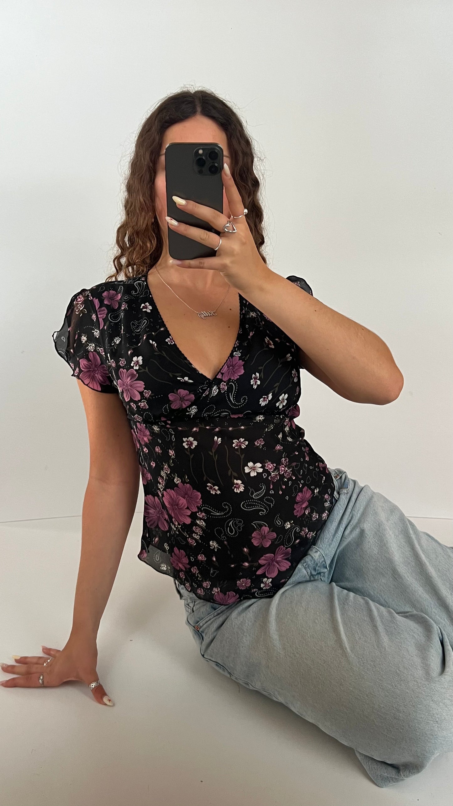 00s black floral babydoll top- size M