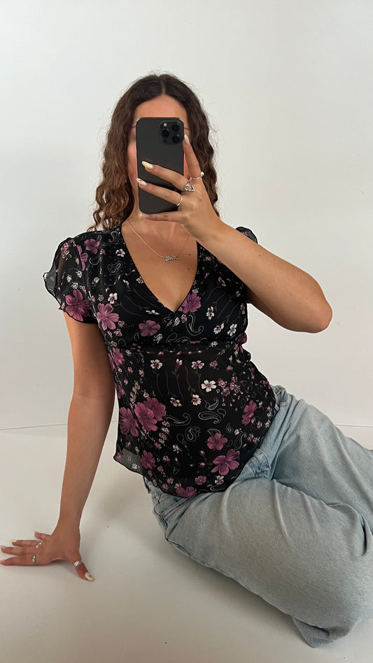 00s black floral babydoll top- size M