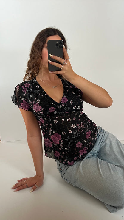 00s black floral babydoll top- size M