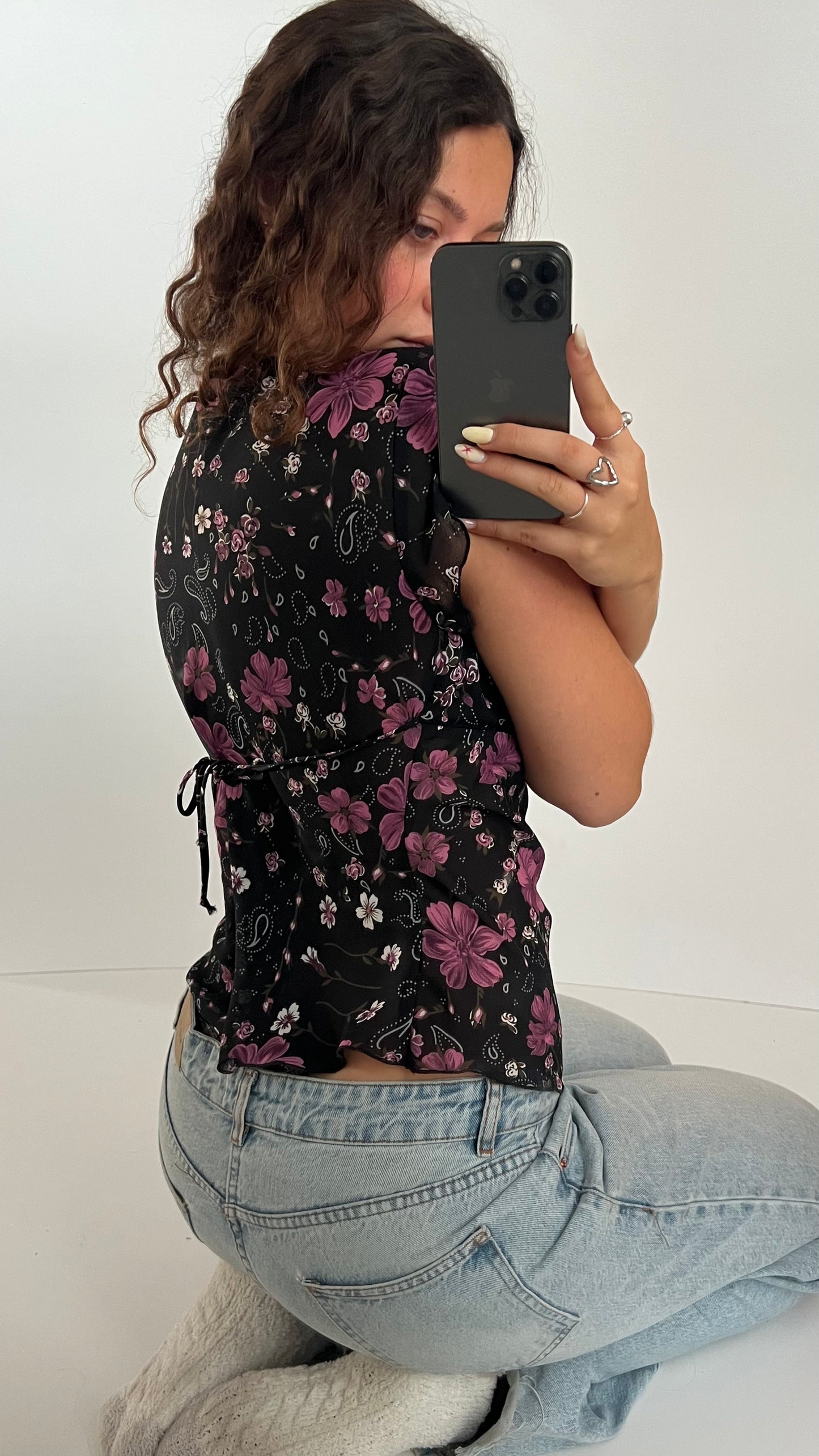 00s black floral babydoll top- size M
