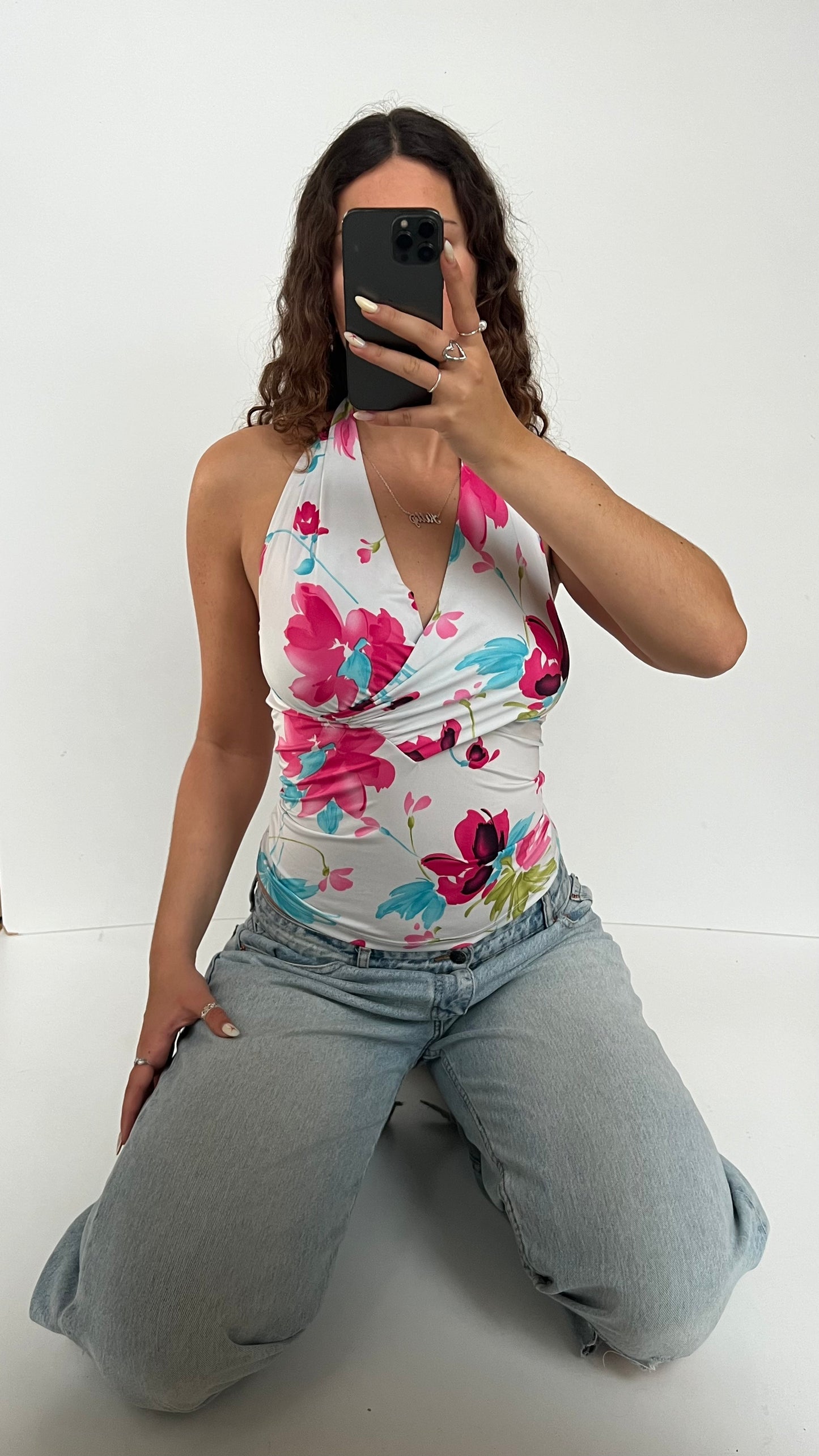 00s white pink floral cami- size S