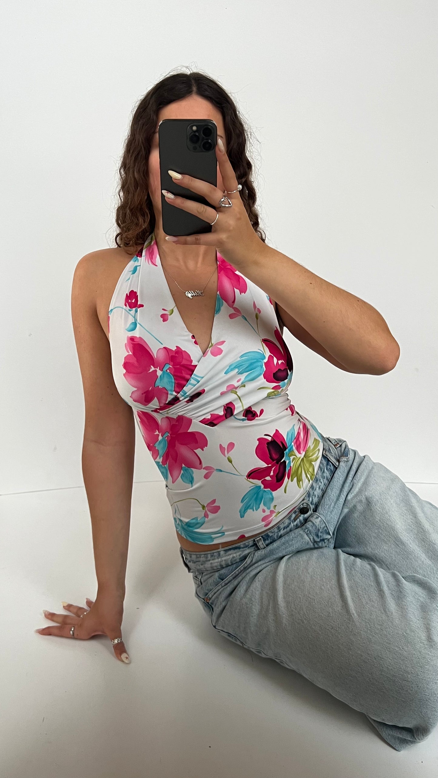 00s white pink floral cami- size S