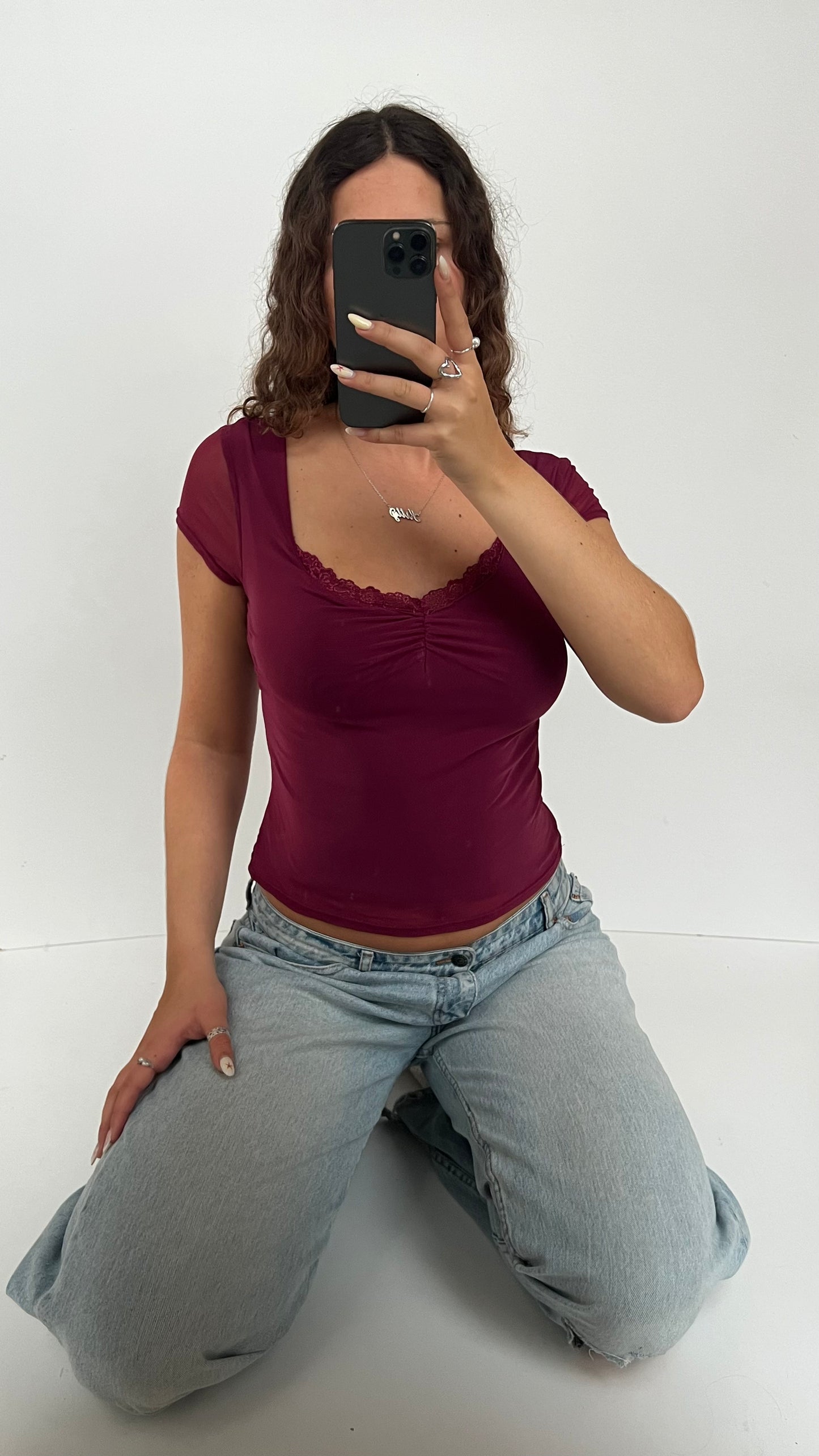 00s burgundy mesh top- size M