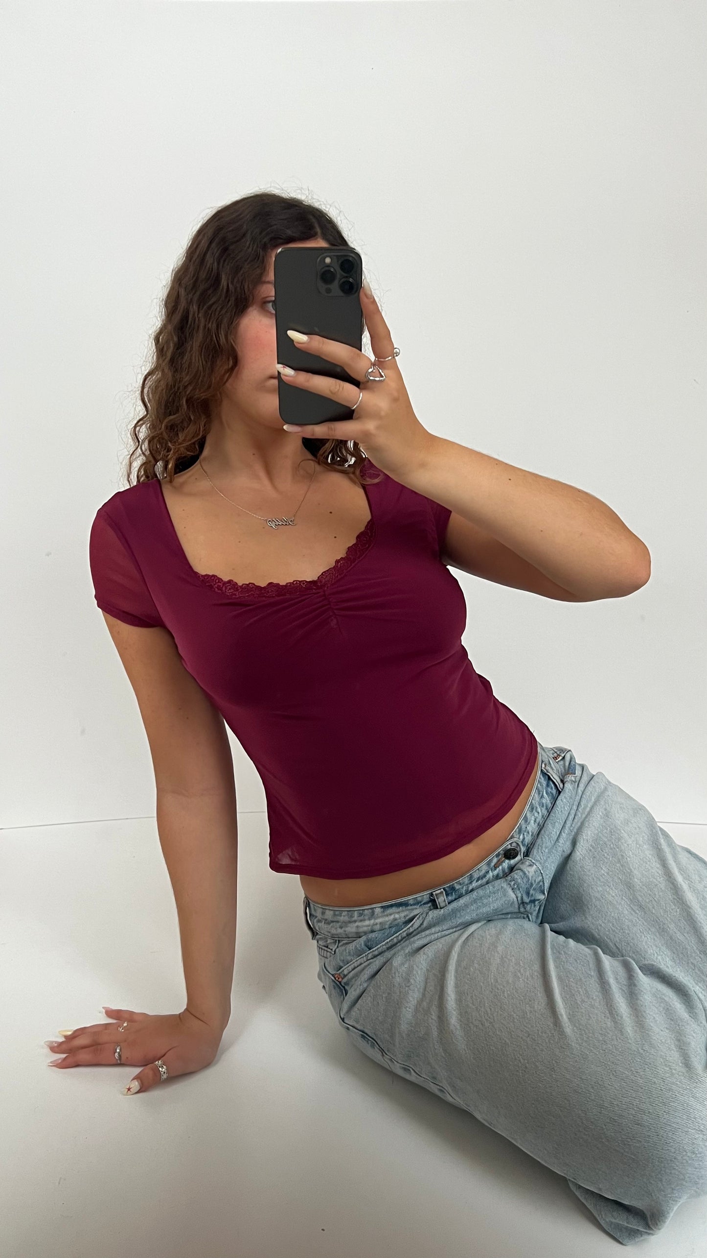 00s burgundy mesh top- size M