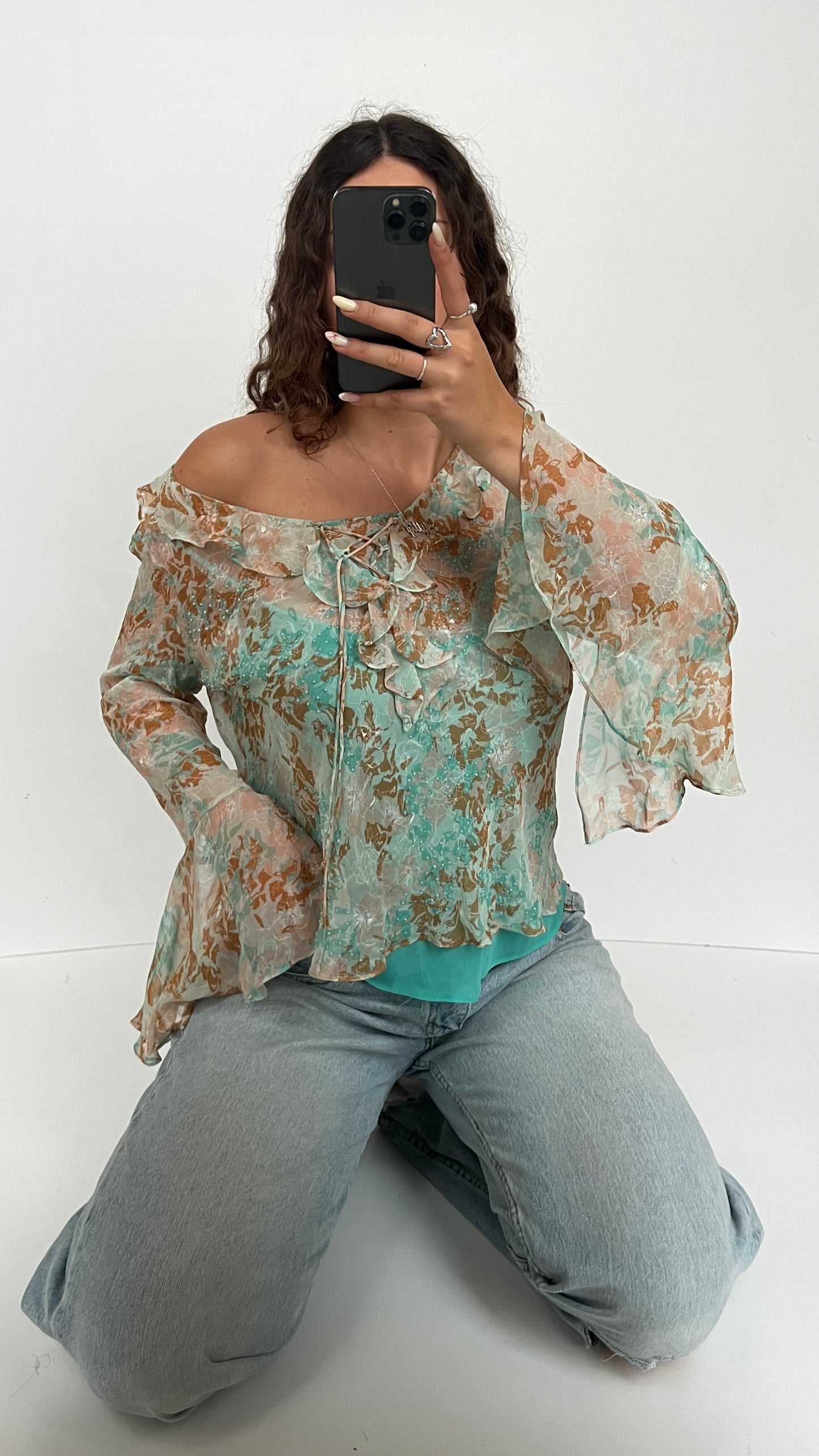 00s blue mesh long sleeve top- size L