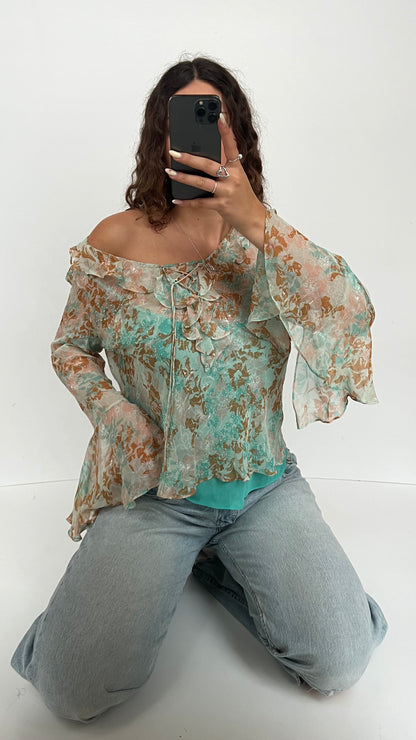 00s blue mesh long sleeve top- size L