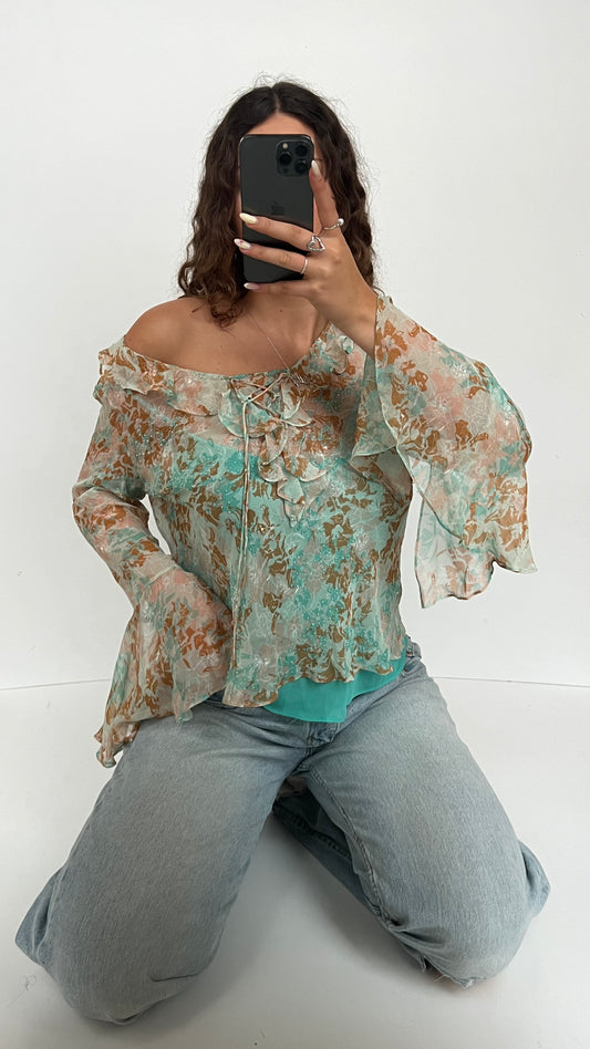 00s blue mesh long sleeve top- size L