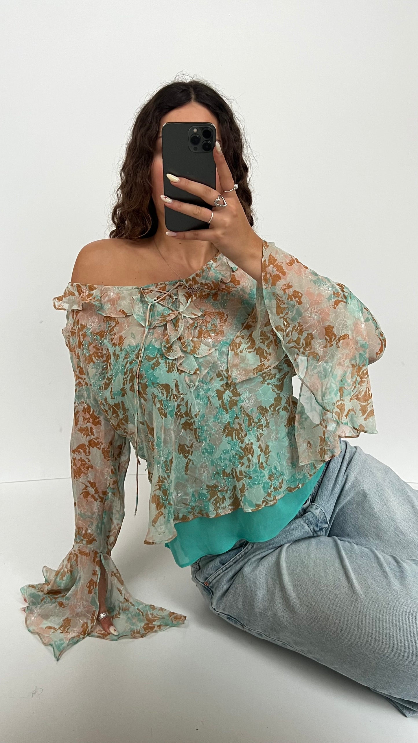 00s blue mesh long sleeve top- size L