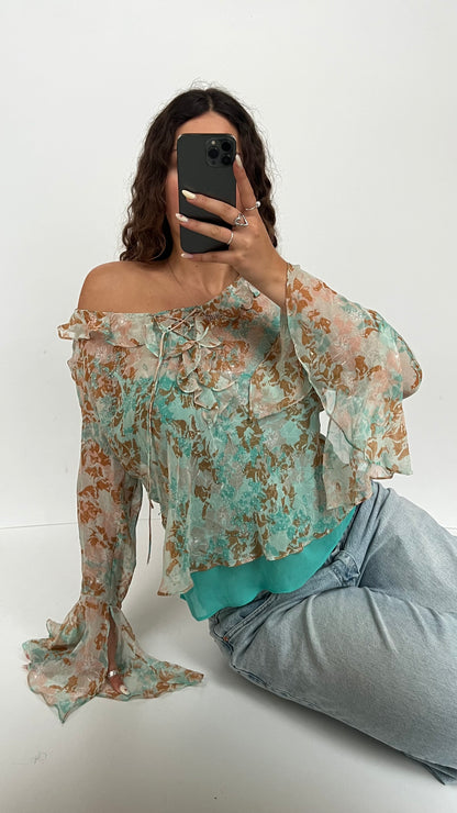 00s blue mesh long sleeve top- size L
