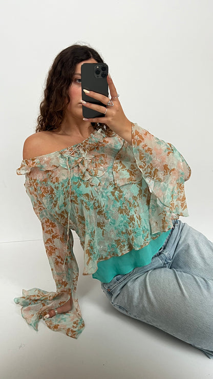 00s blue mesh long sleeve top- size L