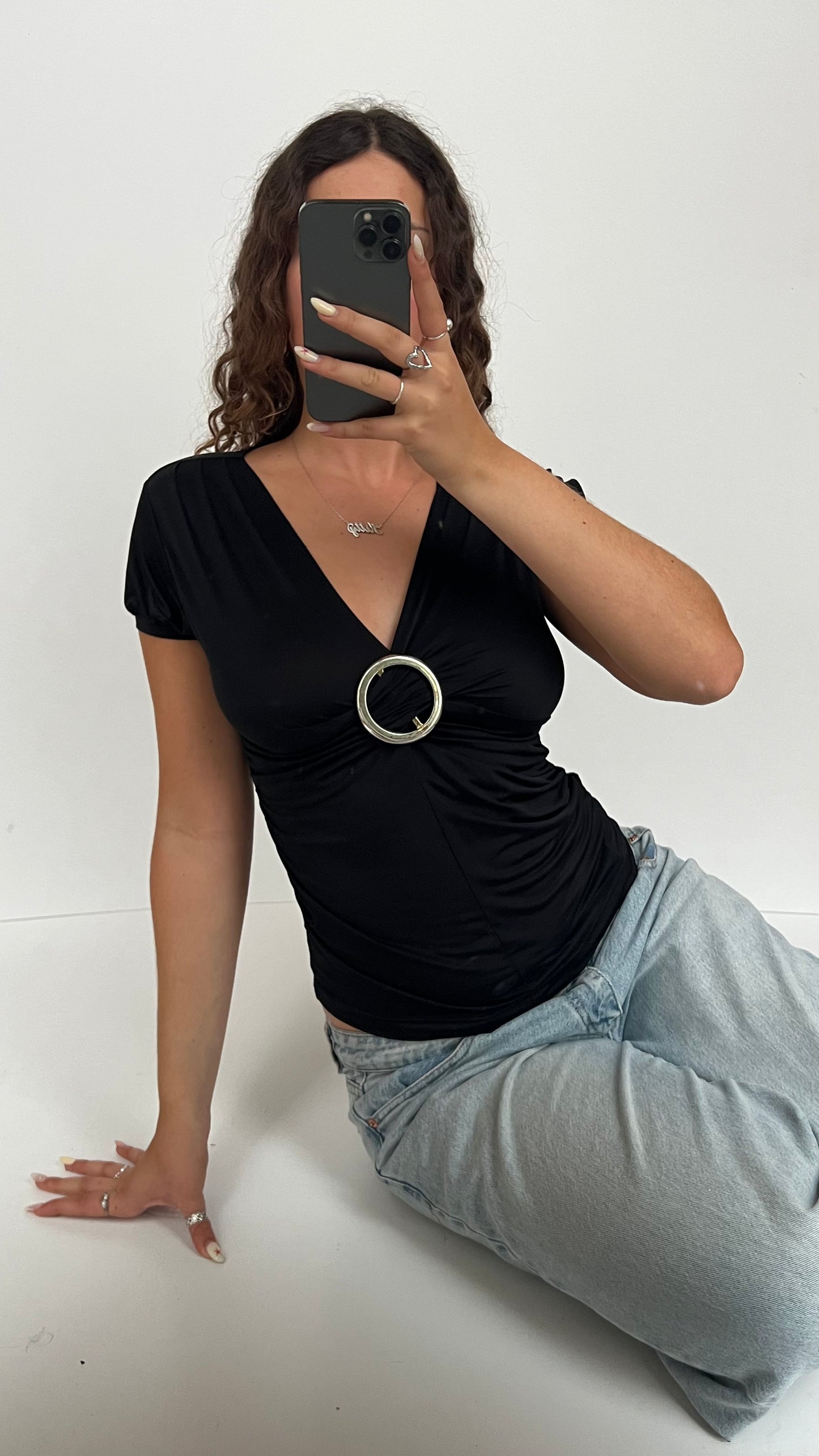 00s black buckle babydoll top- size M
