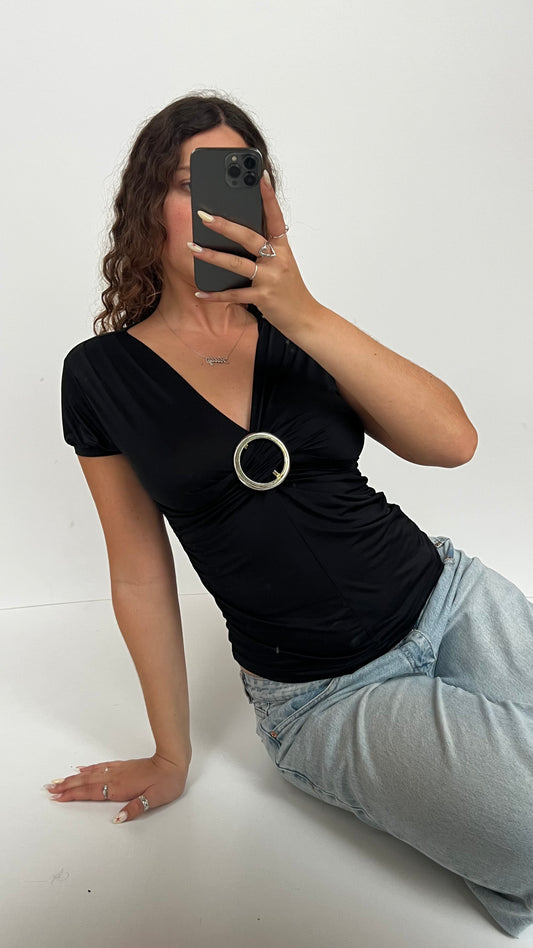 00s black buckle babydoll top- size M