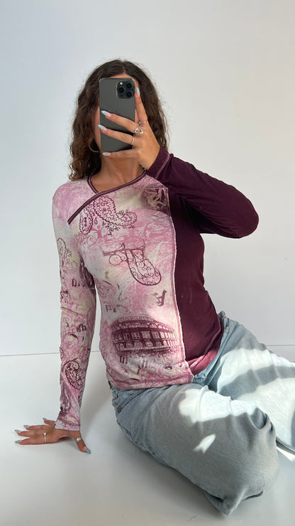 00s pink graphic top- size M