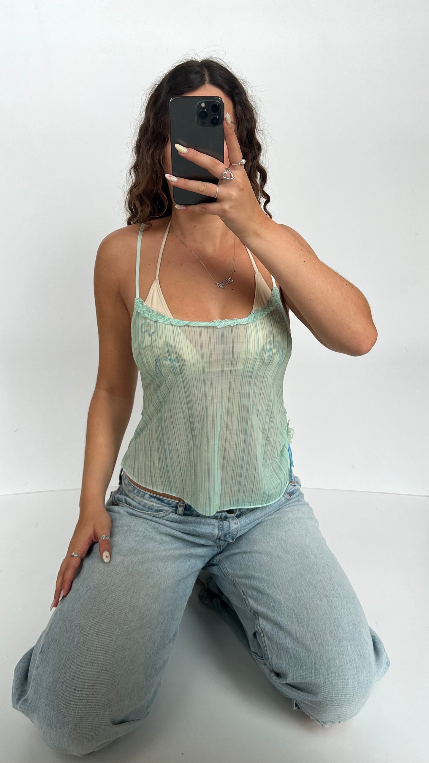 00s green striped mesh cami- size S