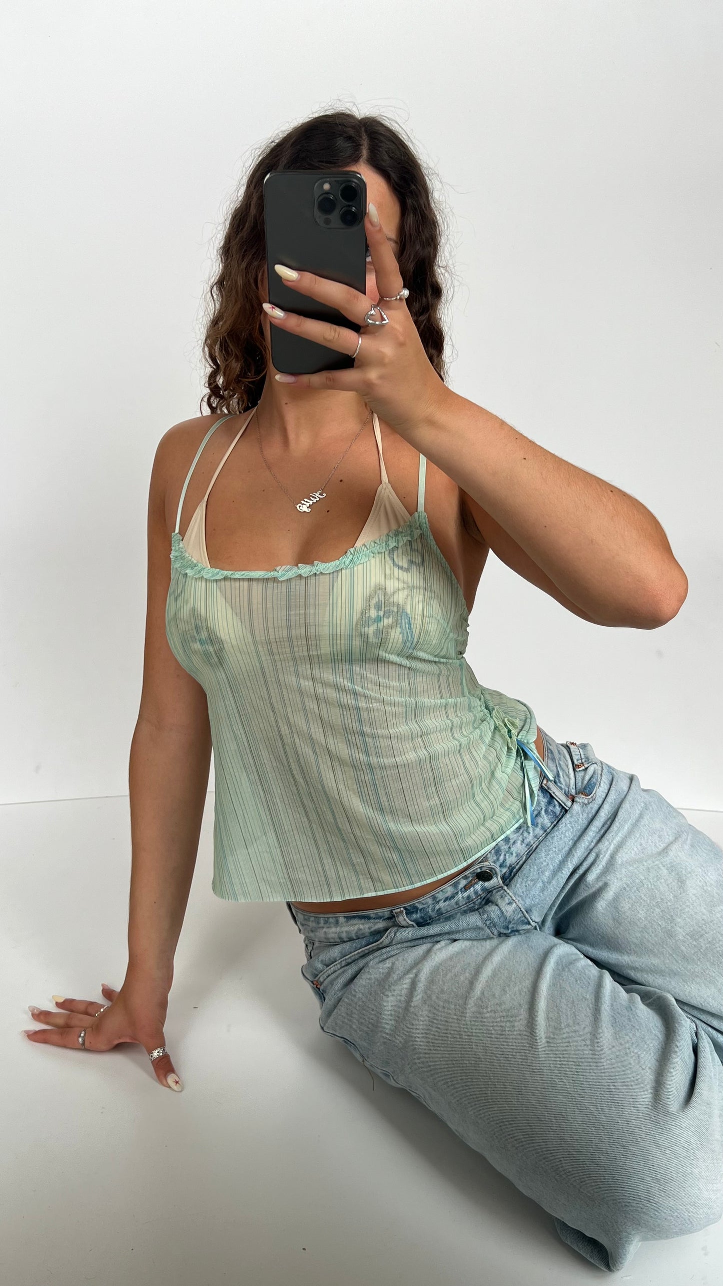 00s green striped mesh cami- size S