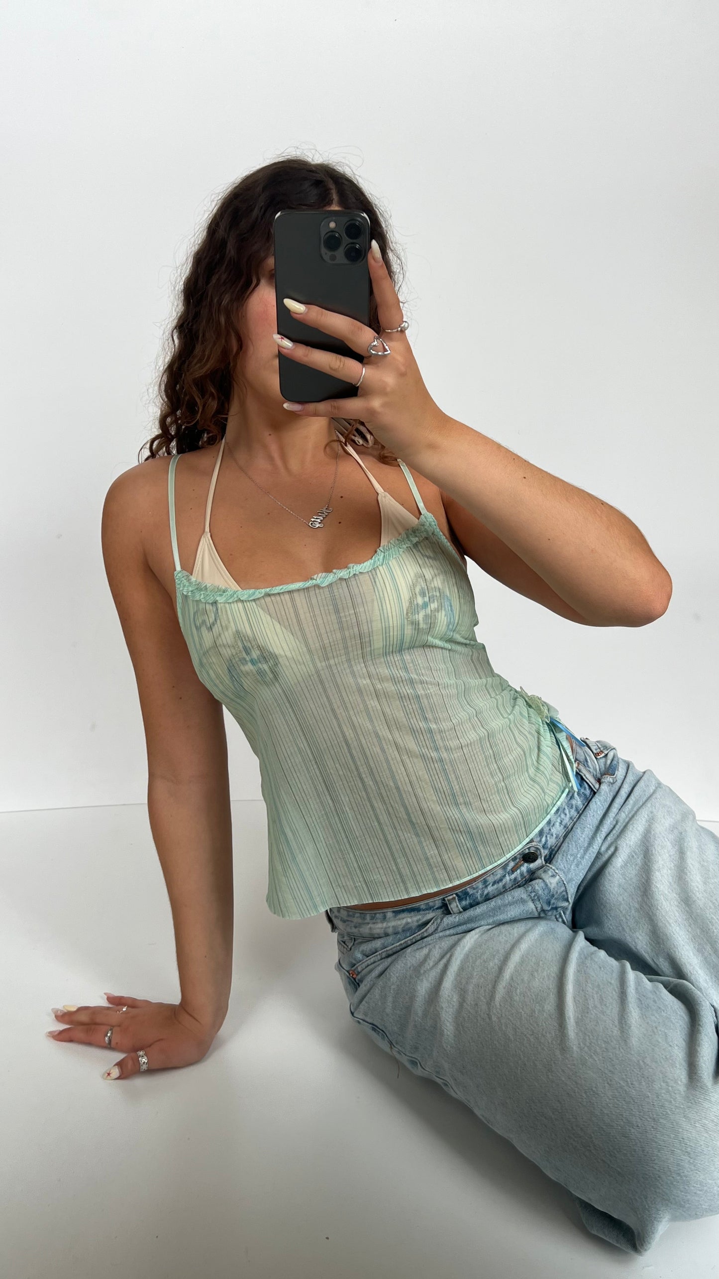 00s green striped mesh cami- size S