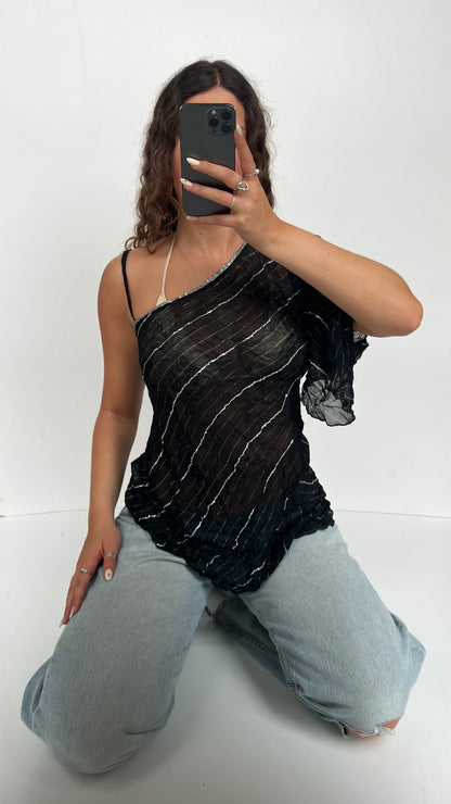 00s black mesh one shoulder top- size M