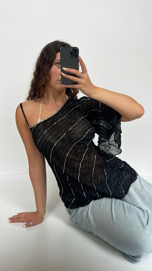 00s black mesh one shoulder top- size M