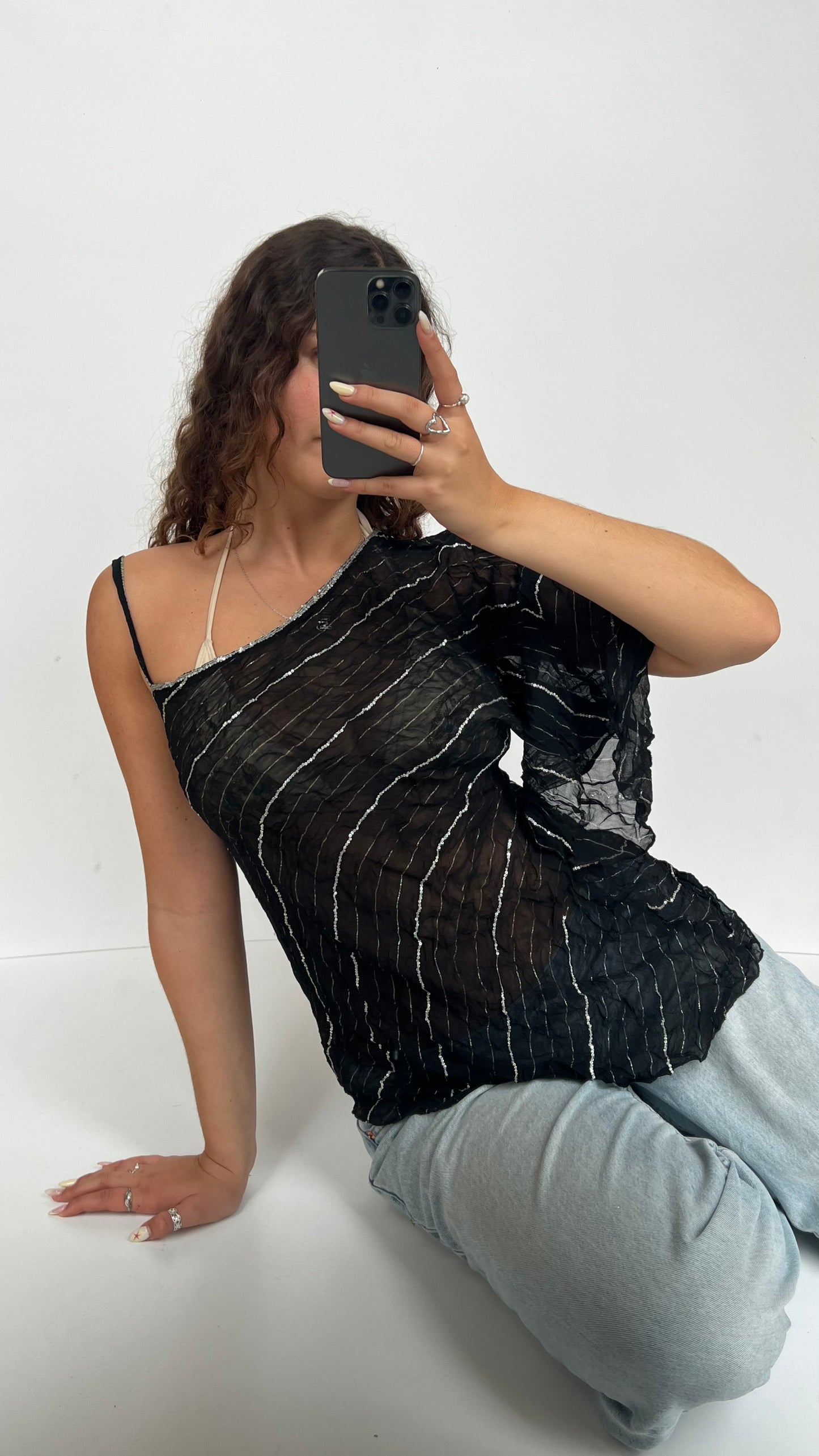 00s black mesh one shoulder top- size M