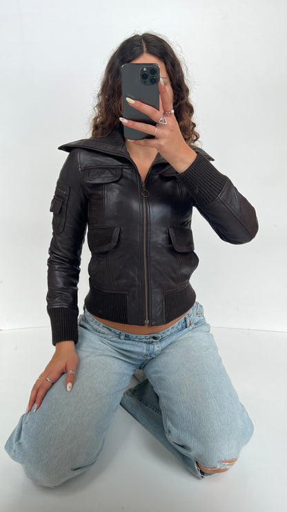 00s brown leather jacket- size XS