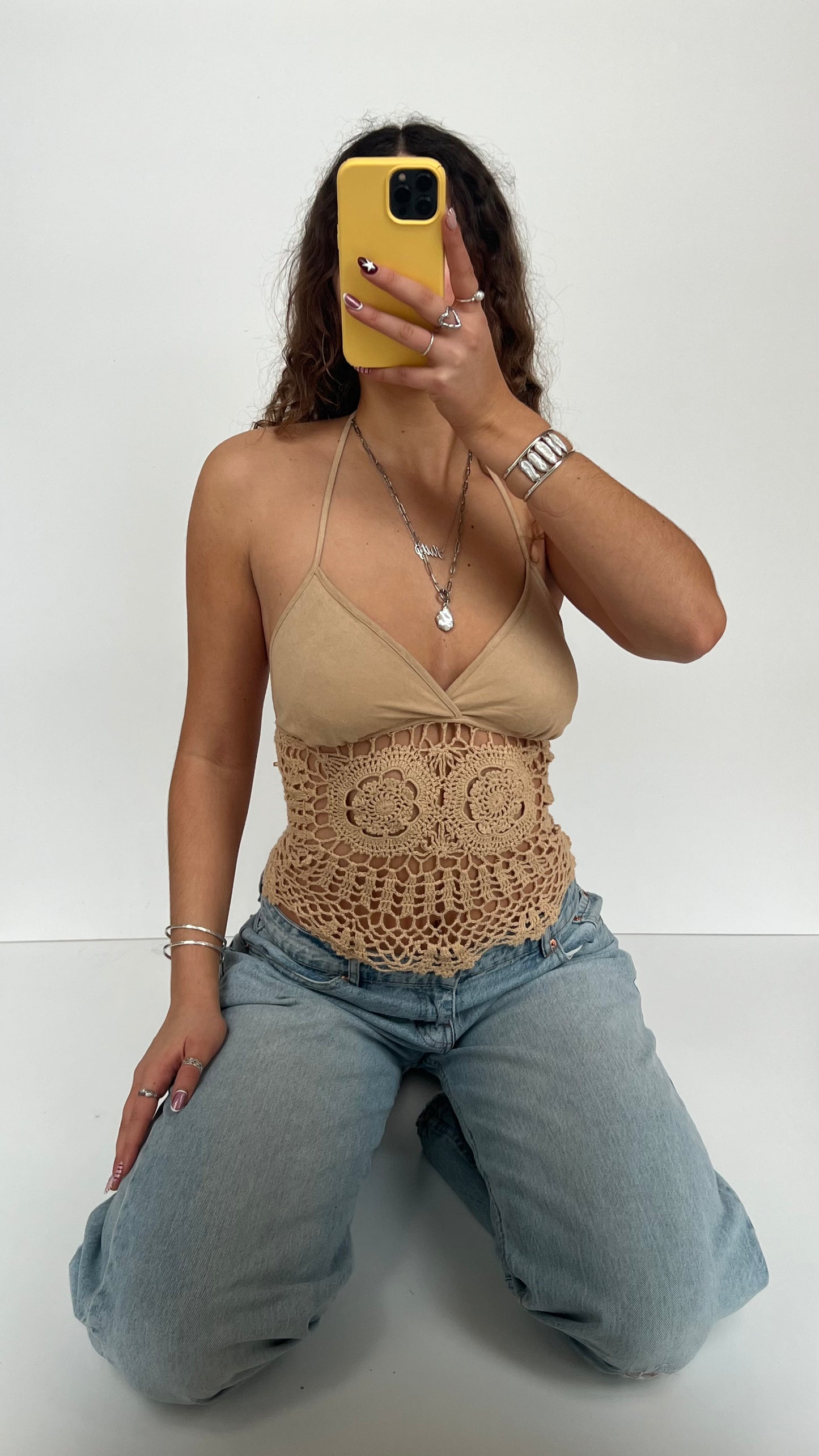 00s tan crochet halter cami- size L