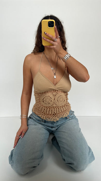 00s tan crochet halter cami- size L