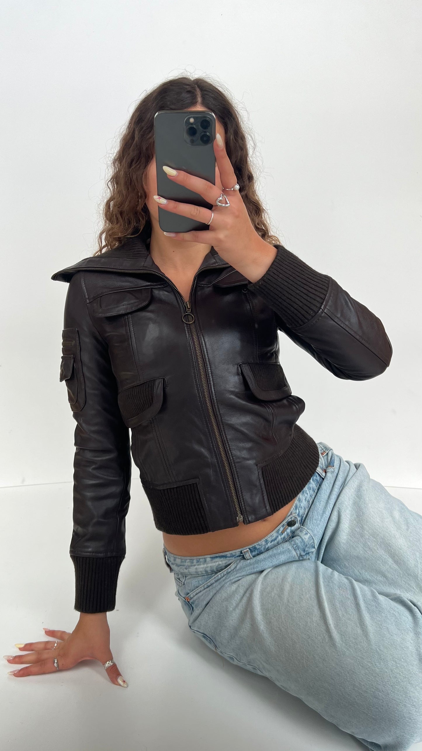 00s brown leather jacket- size XS