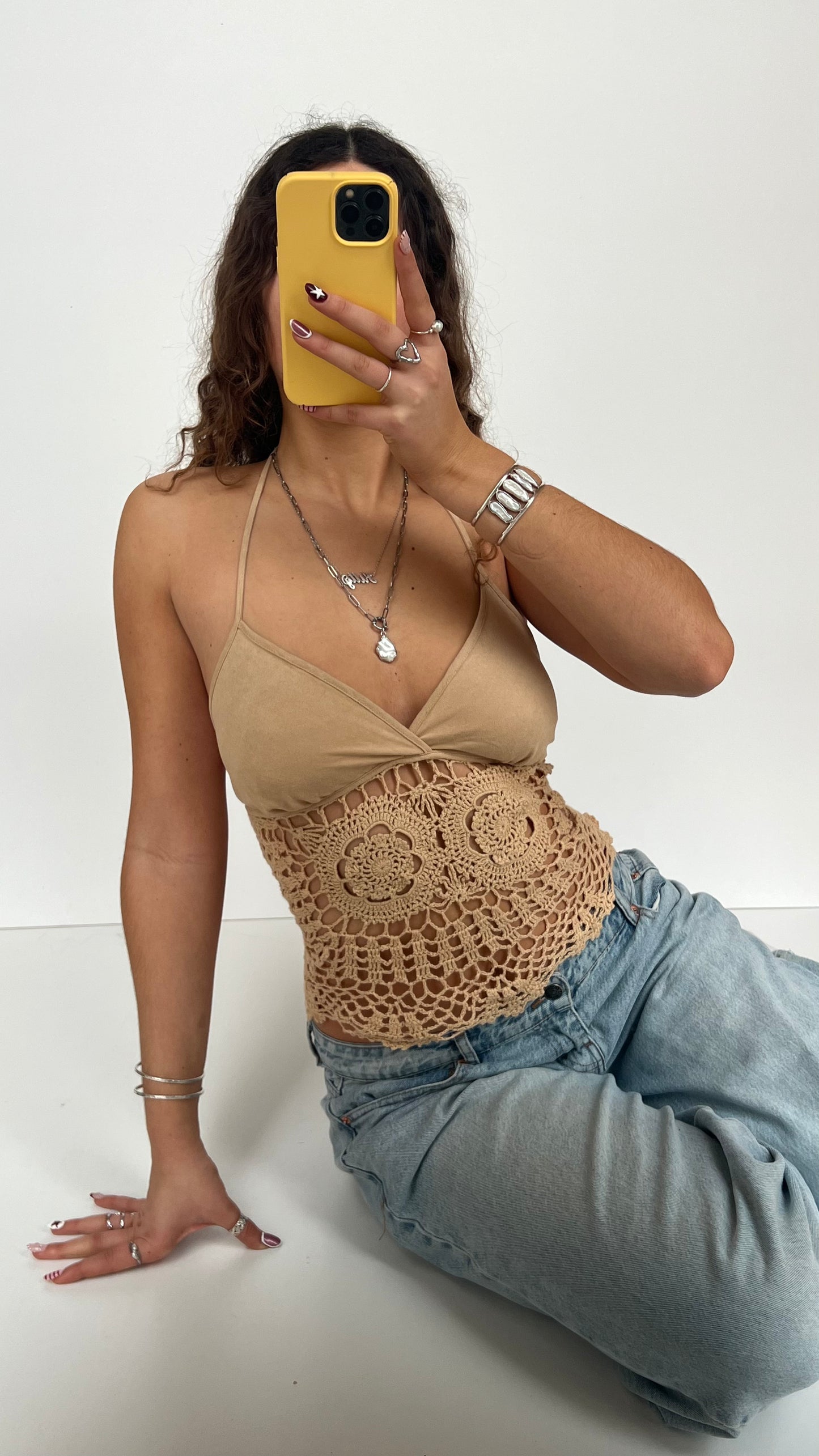 00s tan crochet halter cami- size L